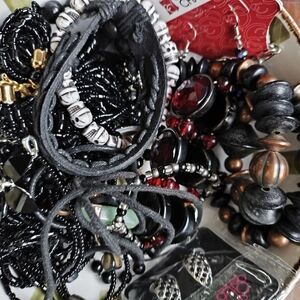 Black Jewellery Lot With Beaded And Leather Neckleses And Bracelets